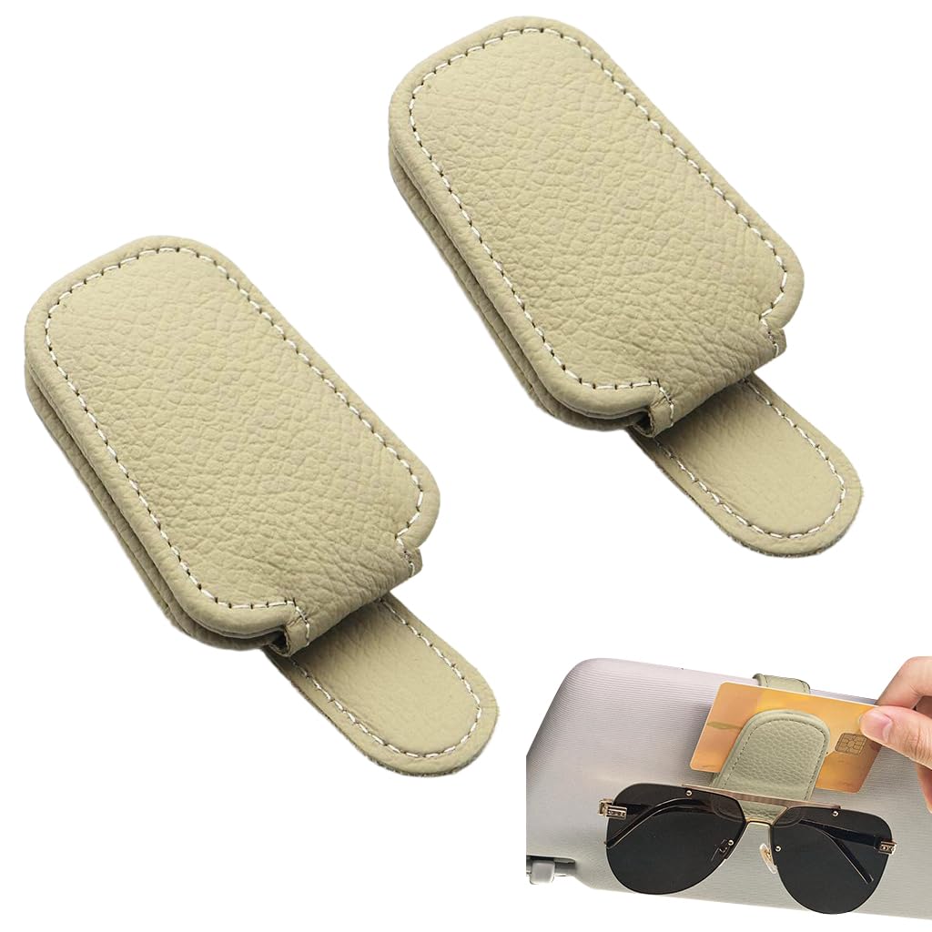 Zibuyu Car Visor Sunglasses Holders 2 Pack with Magnetic Closure and Beige Leather | 9.5x5x3.5cm Clips for Sunglasses and Cards