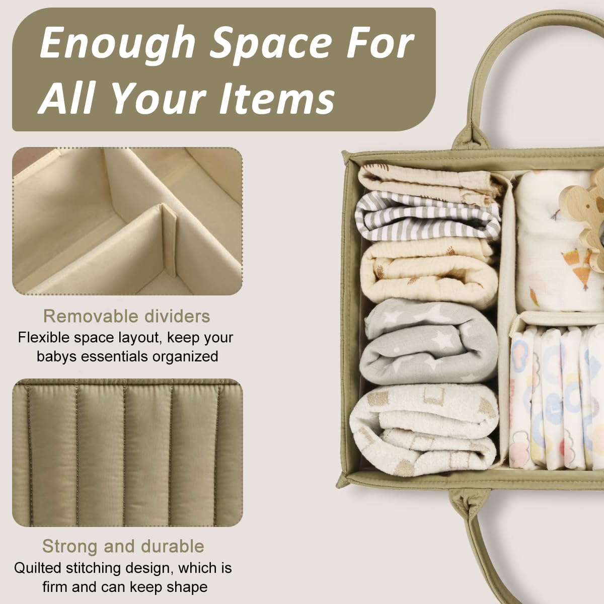 SNOWIE SOFT Baby Diaper Caddy with 3 Compartments 38x25x17cm in Beige for Nursery Organization