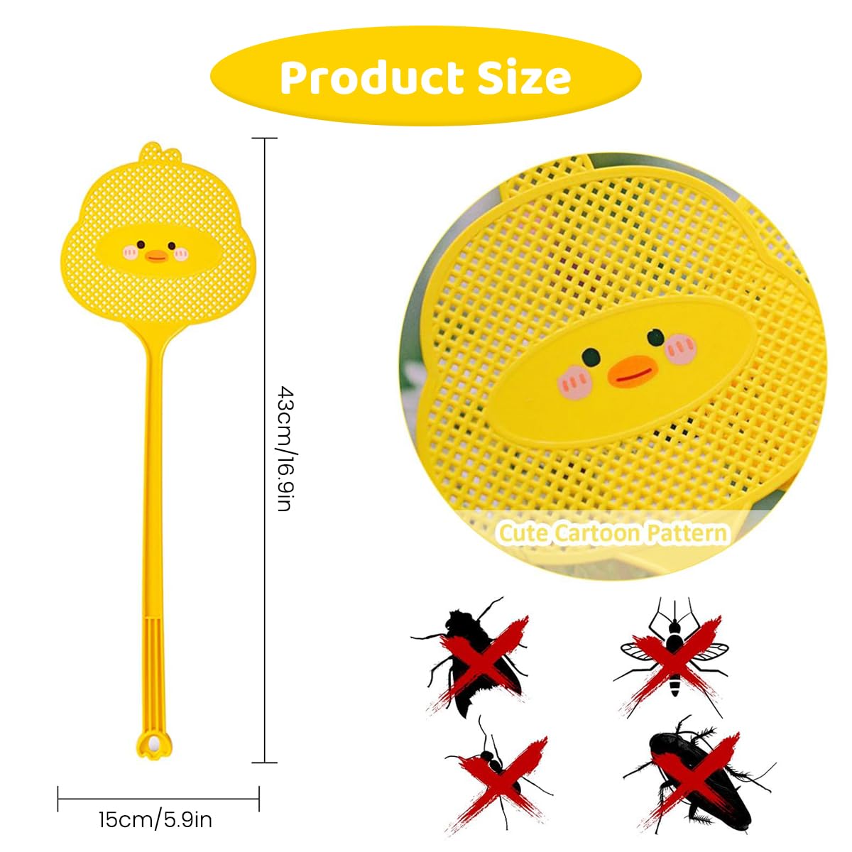 Supvox® 3Pcs Large Fly Swatters, 19'' Long Handle Household Cartoon Cute Durable Thickened Fly Swatter, Durable Grid Design Swatter for Home Office & Outdoor Use (Yelllow)