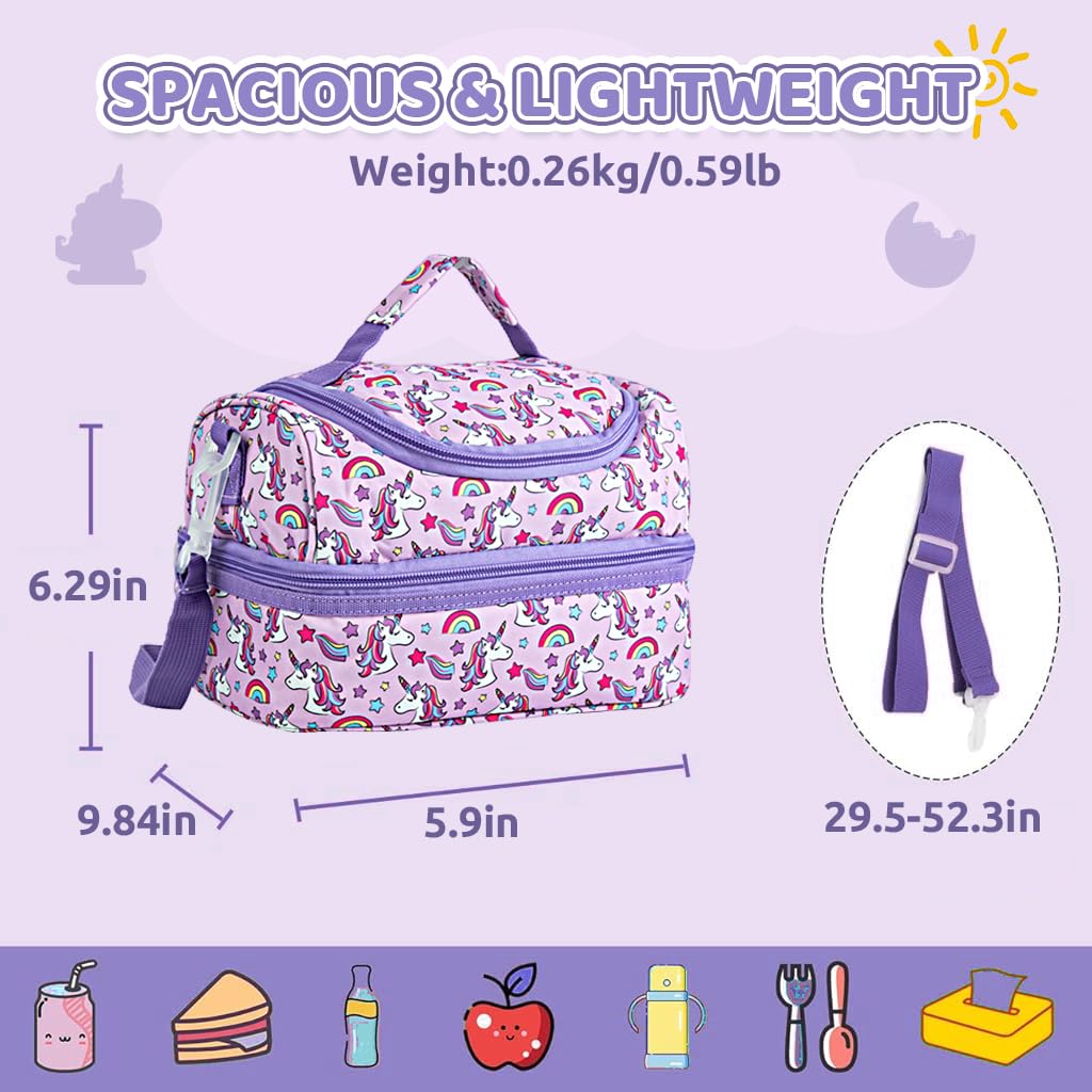 HASTHIP® Girls Lunch Tote with Removable Shoulder Strap Kawaii Purple Unicorn School Girls Bento Box Tote Bag Double Layer Insulated Lunch Bag Camping Lunch Tote Bag Insulated Food Bag, 25x15x16cm