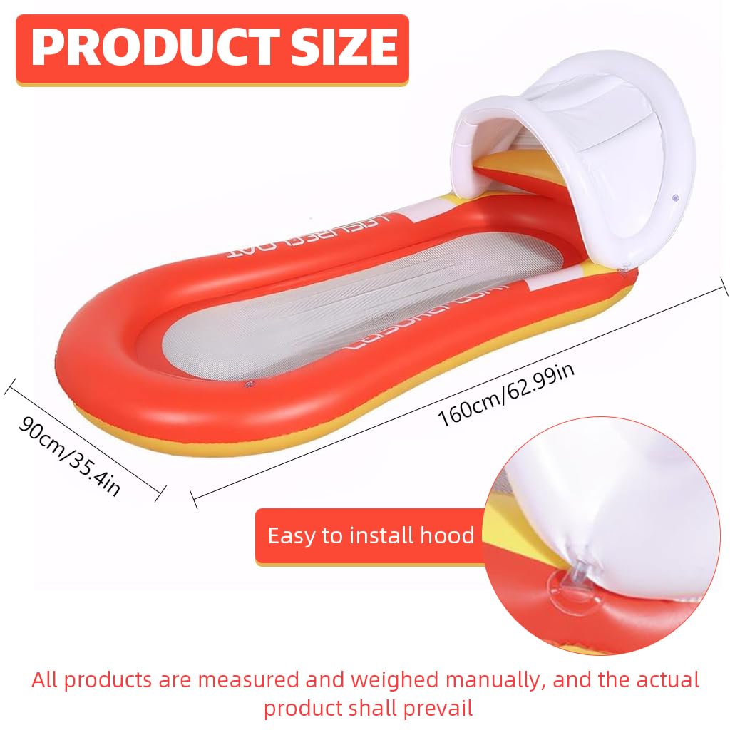 Proberos Inflatable Pool Lounger for Adults featuring Sun Visor and Headrest | 150x78cm PVC Floating Bed
