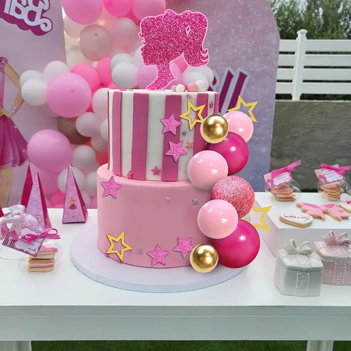 HASTHIP Cake Toppers for Birthday Cakes with 36 Pcs Glittering Stars and Pink Girl Silhouette | Party Decorations for Women and Girls