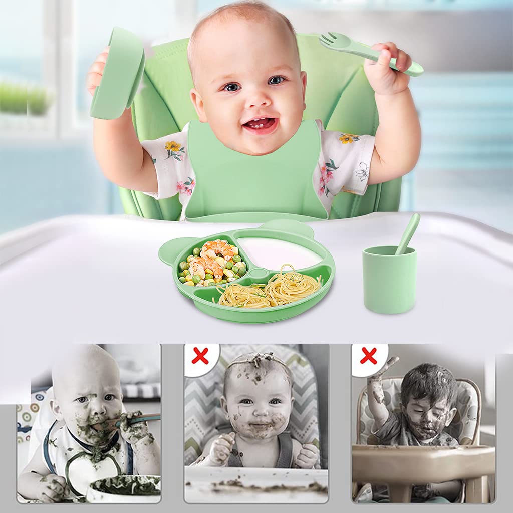 SNOWIE SOFT® 6pcs Silicone Tableware Kit for Baby Foodgrade Silicone Tableware Set Baby Plate & Bowl with Sucker, Cup, Spoon, Fork, Bib, Food Grade Silicone, BPA-Free, Dishwasher & Microwave Safe