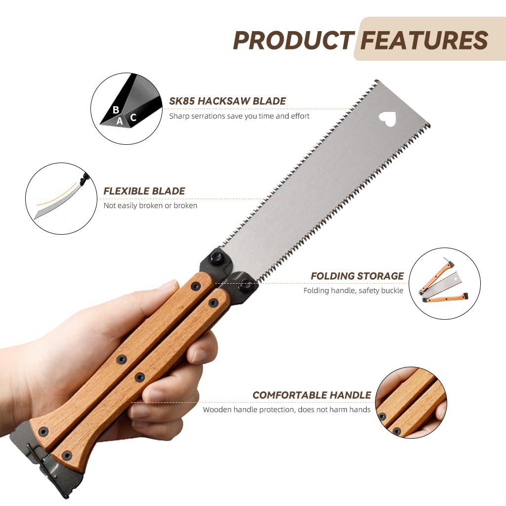 HASTHIP® Hand Saw Wooden Handle 5.5 Inch Steel Blade Butterfly Folding Saw High Hardness SK-5 Steel Double Side Hand Saw Portable Woodworking Hand Saw for DIY Wooden Craft Wood Work