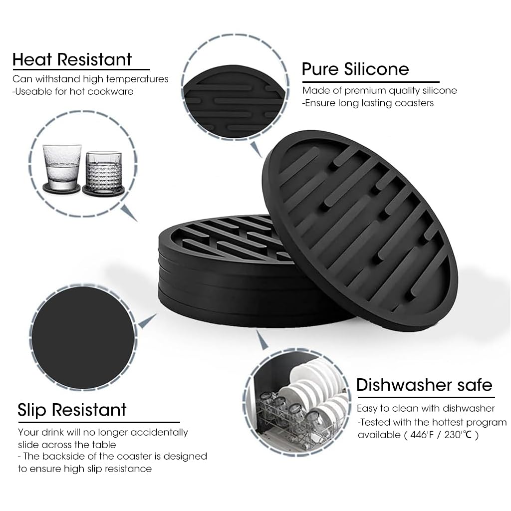 ZIBUYU Cup Coasters Anti-Slip Coffee Coasters Heat Resistant Silicone Tea Cup Coasters Table Coasters for Drinks Kitchen Home Bar Supplies, Dishwasher Safe (3.93 inches), Black - 4 Pcs