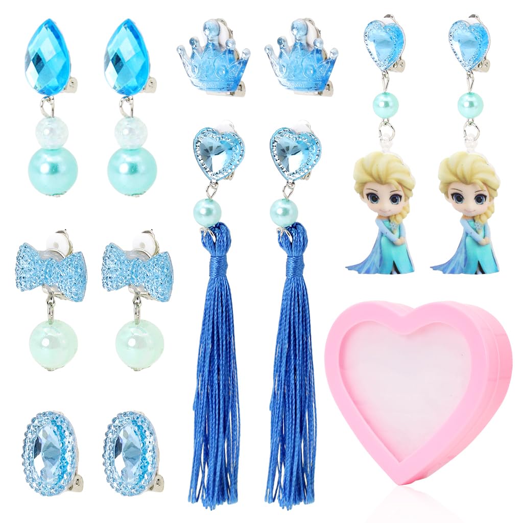SANNIDHI 6 Pairs Girls Clip-on Earrings Princess Elsa Clip-on Earrings Set Shining Blue Rhinestone Earrings for Little Girls Wardrobe Earrings Set Jewelry Gift for Girls