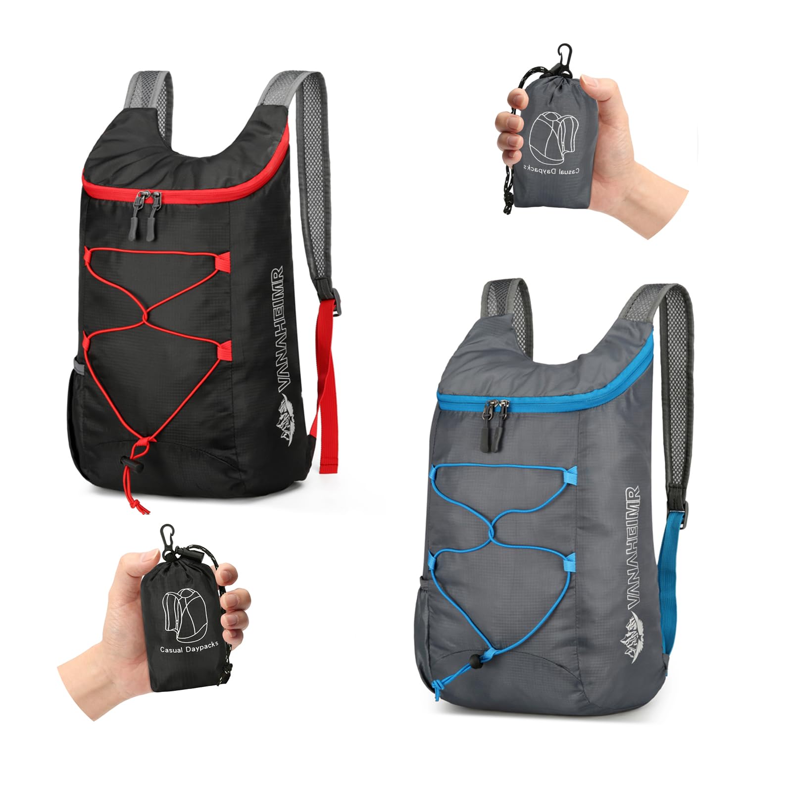 HASTHIP® Lightweight Hiking Backpack, Packable Hiking Backpack with Drawstring Bag, Mositure-Wicking Mesh Shoulder Straps, Quick Dry Outdoor Hiking Backpack, 27x14x39cm, Pack of 2