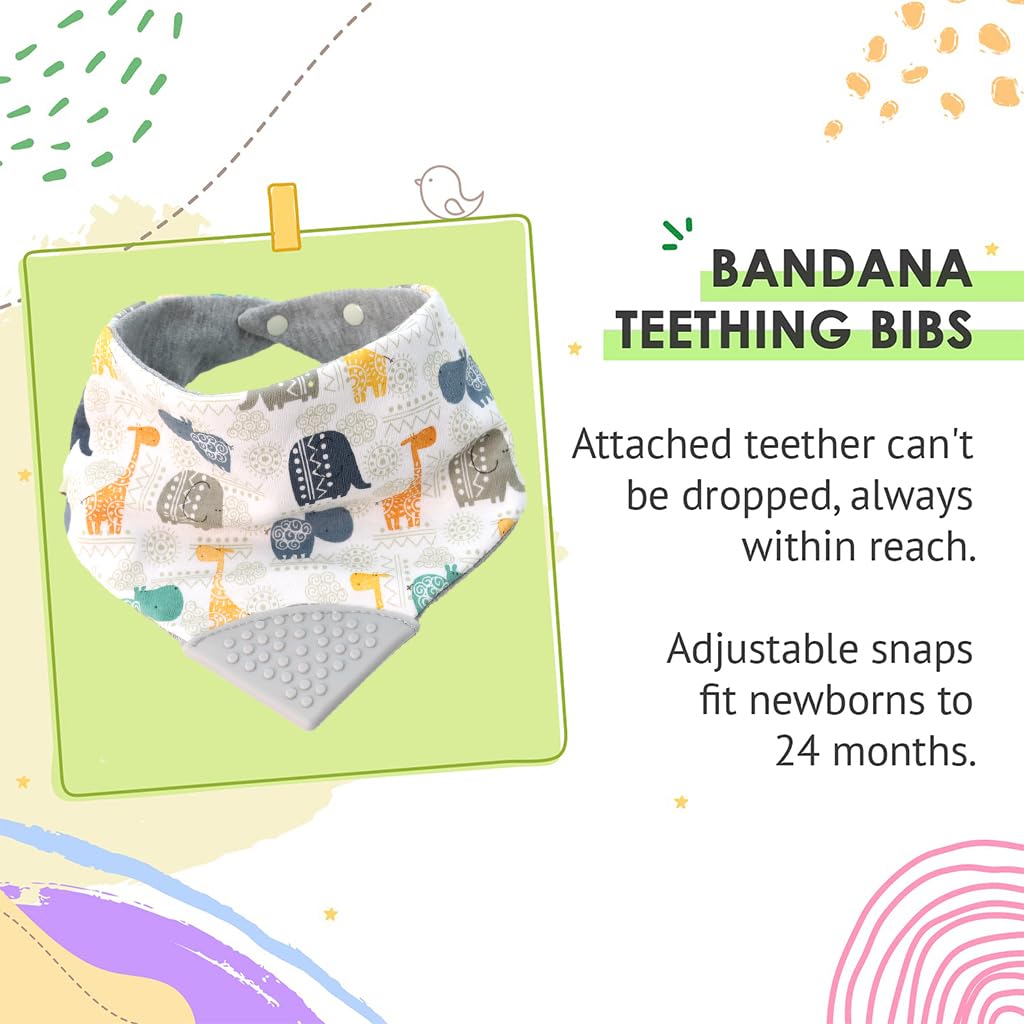 SNOWIE SOFT® Baby Bib Cotton Bandana Bib Adjustable Snap Button Design Teething Bib with Teether Corner Feeding Bib Fashion Print Baby Bib for 6-24 Months