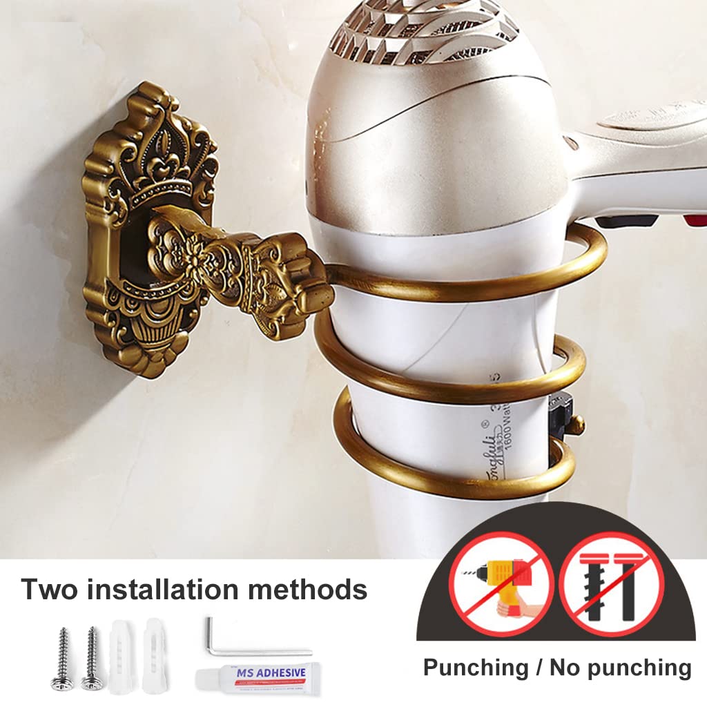 HASTHIP® Hair Dryer Stand, Hair Dryer Holder, Retro Style All Aluminum Hair Dryer Organizer Wall Mount Spiral Hair Dryer Rack for Bathroom with Glue and Screws (Without Hair Dryer)