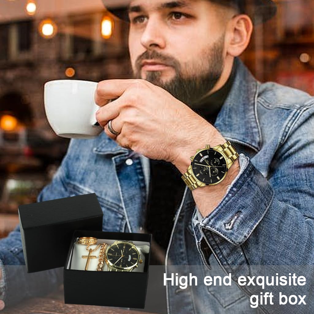PROBEROS Watch for Man 4Pcs Jewellery Set with Gold Necklace Bracelet Ring & Gift Box | Stainless Steel Accessories for Men