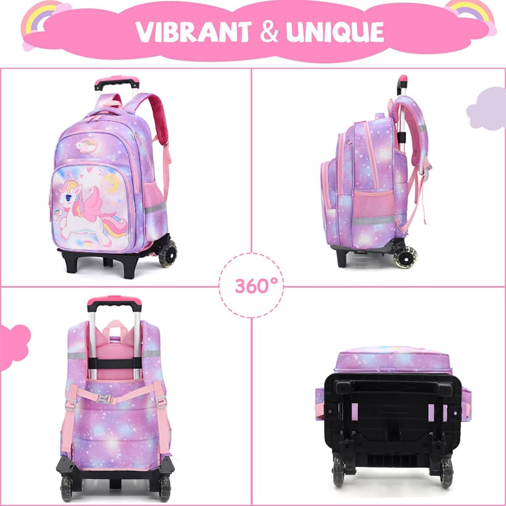 FANCYKU® Unicorn Print School Backpack for Girls Travel Backpack for Girl School Bag on Wheel Detachable Wheel Stand Gift School Bag for Girls