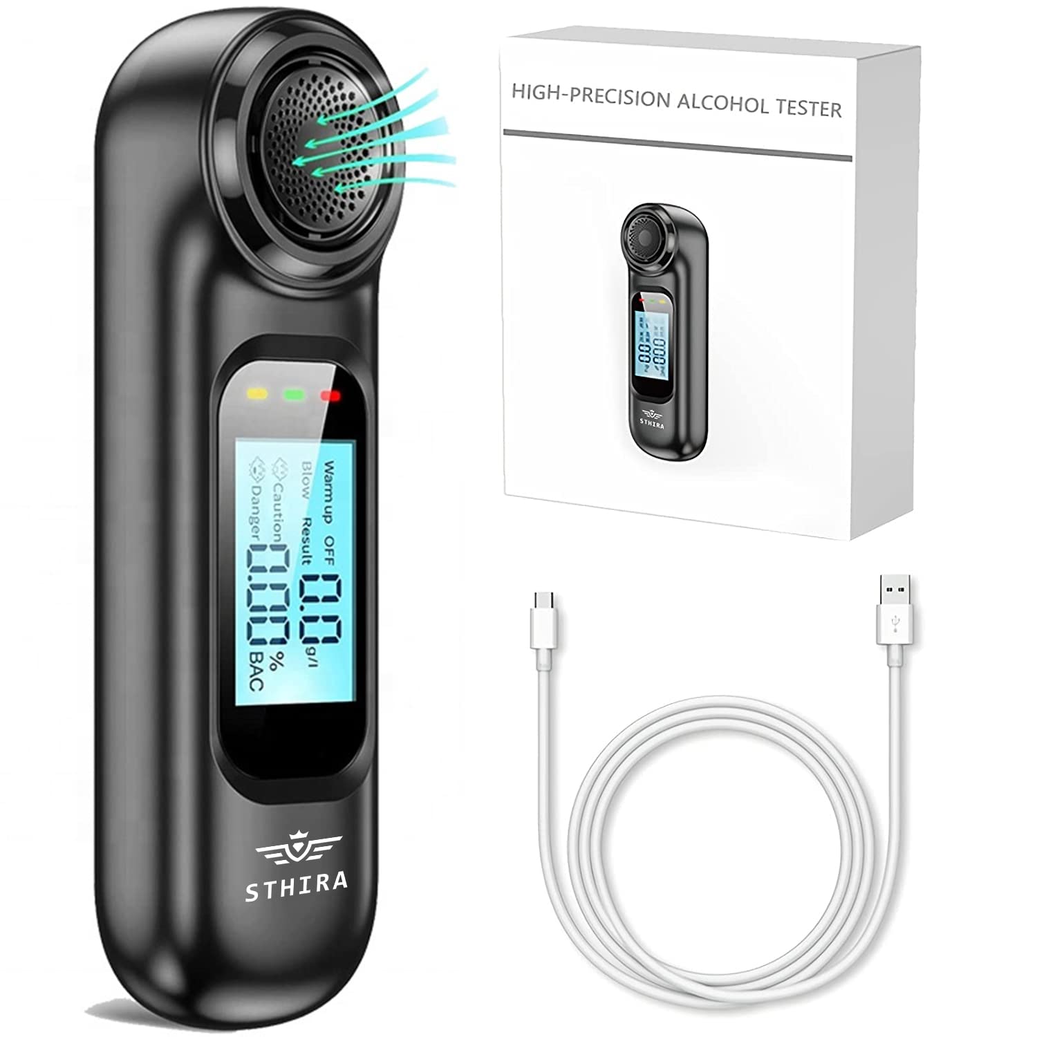 STHIRA Alcohol Tester for Personal and Professional Use with LCD Display and USB Rechargeable 0.00–0.19% BAC Precision Sensor