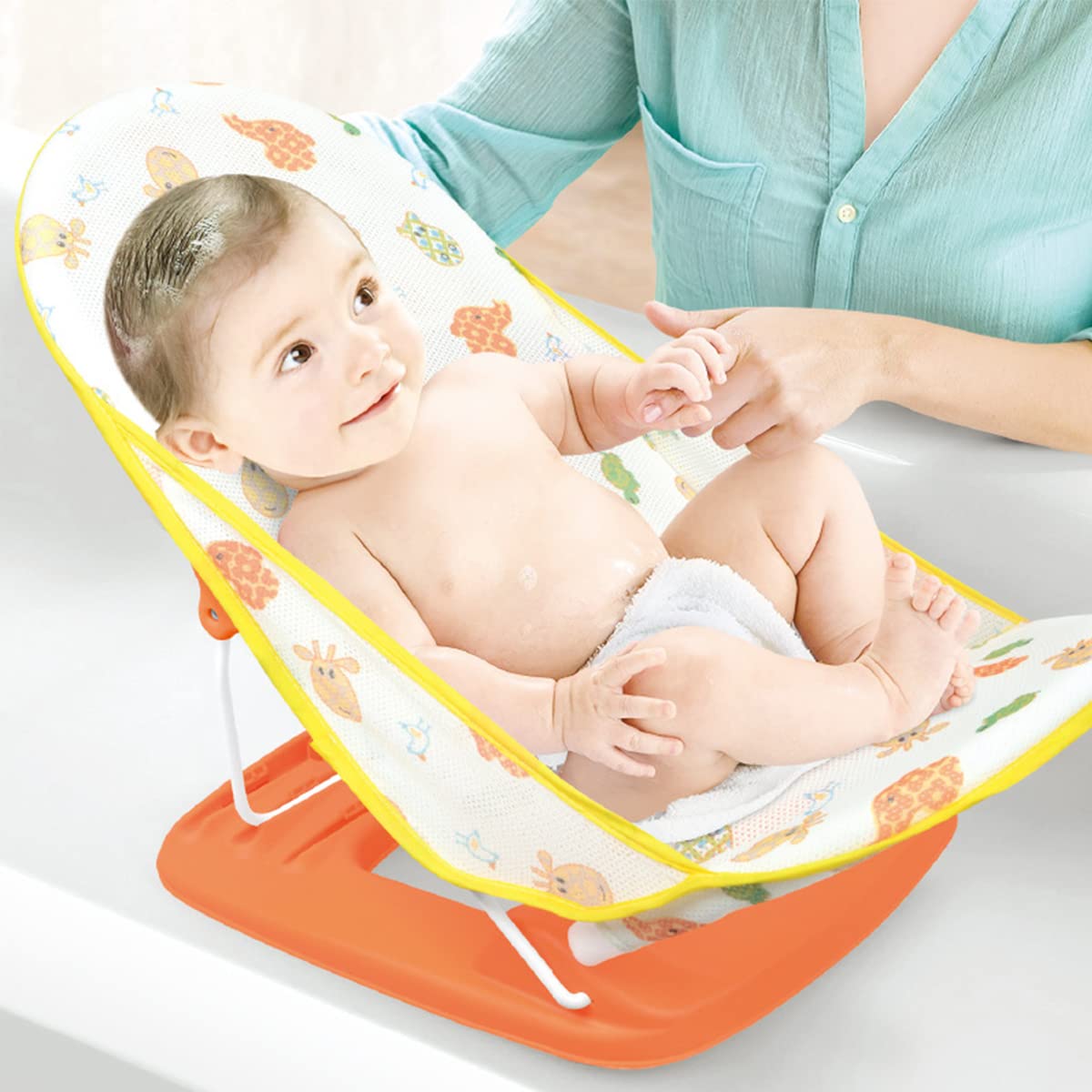 SNOWIE SOFT Baby Bath Chair for 0–2 Years with 3 Recline Heights and Soft Mesh Seat | Foldable Adjustable Bather