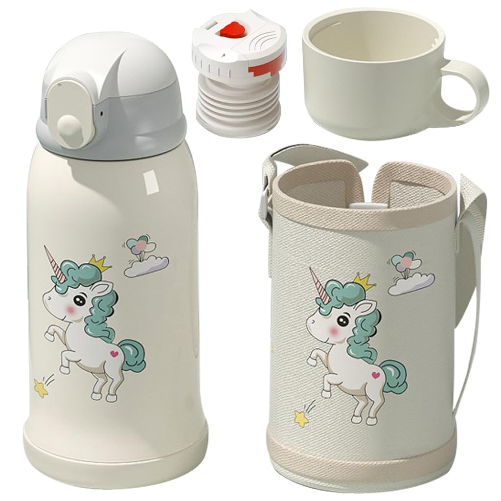 SNOWIE SOFT 550ml Cute Water Bottle for Kids, Unicorn School Water Bottle for Boys, Double-Layer Stainless Steel Water Bottle with Straw, Hot Cold Water Bottle with 3 Cup Lid, 1 Cup Sleeve, 1 Brush