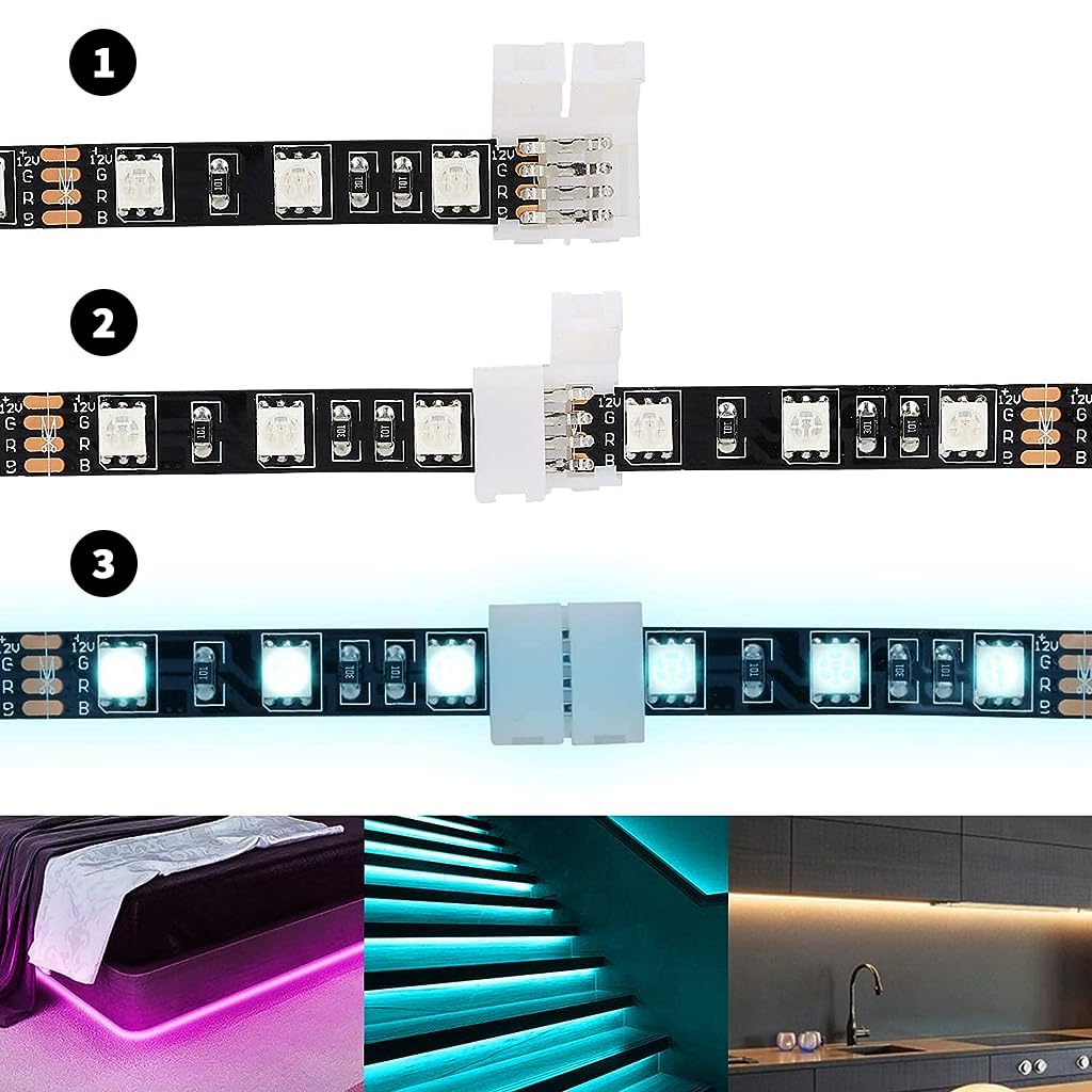 Zeitel Connectors for RGB LED Light Strip Extension with 10mm Gapless 4 Pin Design featuring Reusable PBT Material | Ideal for DIY and TV Lighting