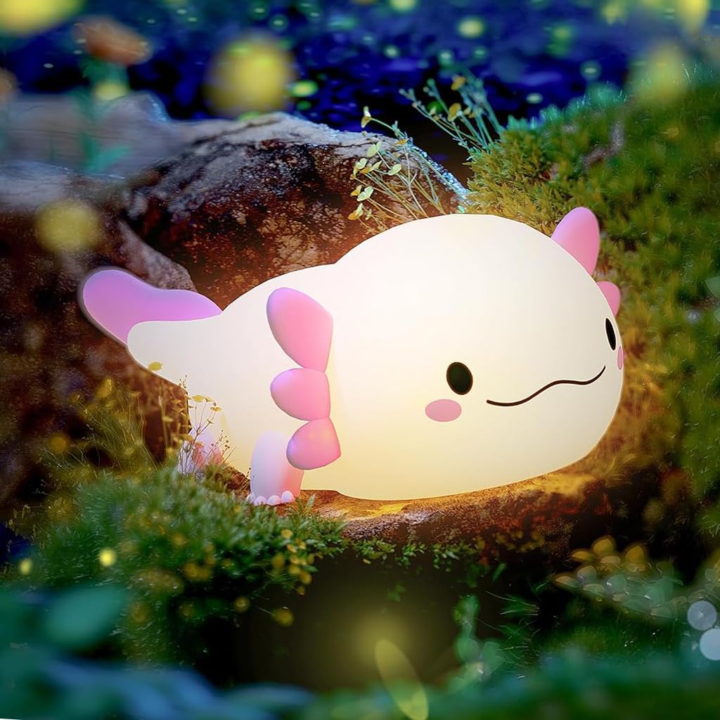 ELEPHANTBOAT Axolotl Night Lamp for Kids with 15min Auto Off Timer and Soft Silicone Light | USB Rechargeable LED Bedside Lamp