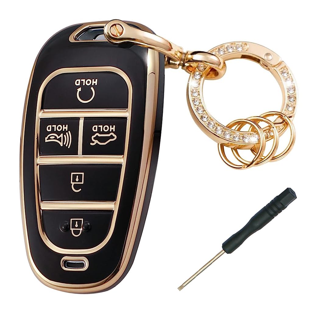 STHIRA® Hyundai Car Key Protective Case with Rhinestone Metal Keyring Soft TPU Car Keys Cover Fashionable Hyundai Car Key Cover Waterproof Protective Case for Hyundai, Car Keys Accessories, Black