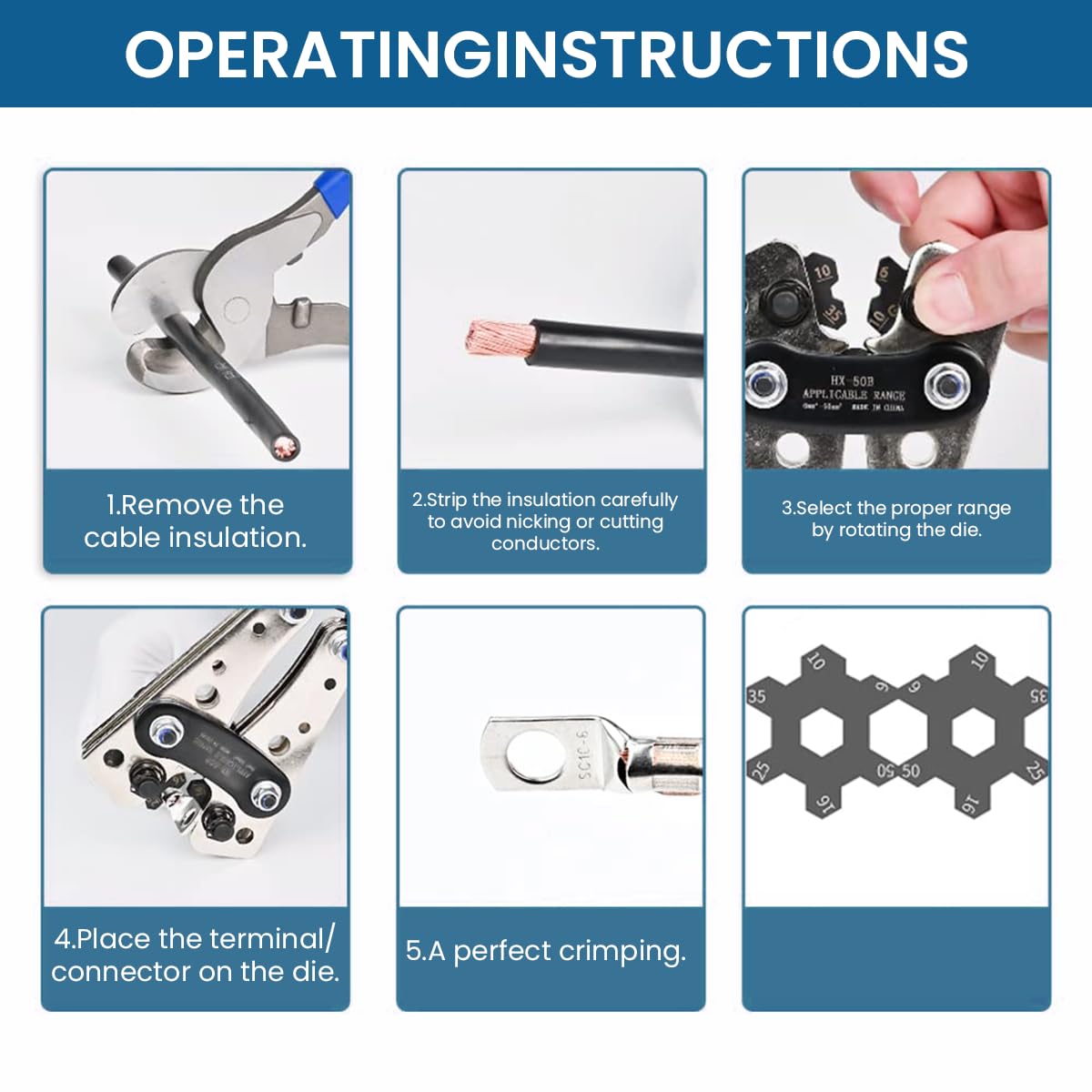 HASTHIP® Battery Cable Lug Crimping Tool for AWG 10-1 Copper Wire Lugs with 60 Pcs 8 Sizes Copper Ring Kit, Heavy Duty Wire Crimper Plier Wire Crimper for Battery Wire Terminal