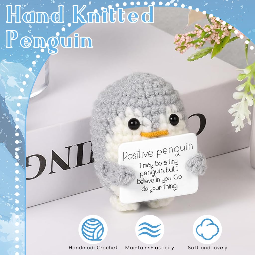 ZIBUYU Handmade Crochet Penguin Desk Decor with Positive Message Card for Office or Home | 2PCS Grey Set