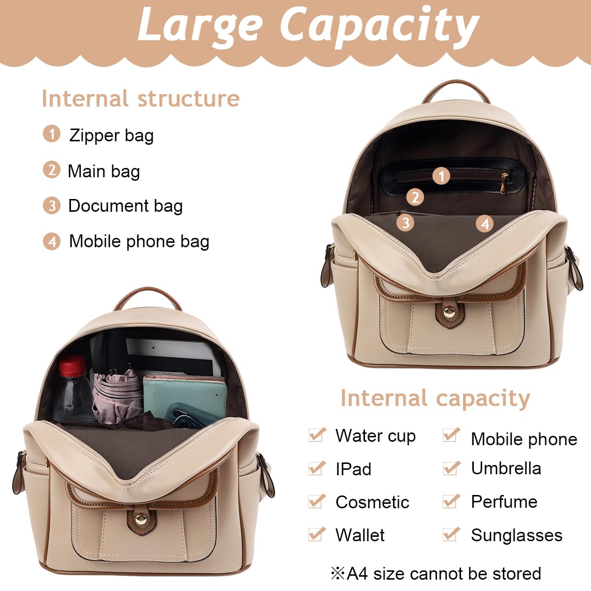 PALAY Backpack for College and Travel with Reinforced Straps | 7L Soft PU Water Resistant