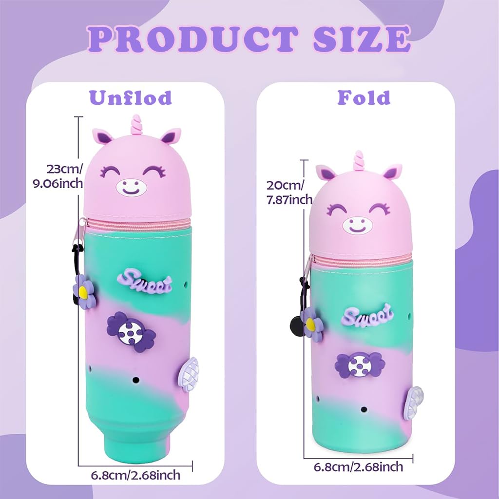 Climberty Unicorn Pencil Pouch for Girls with Multi Hole Design and Cute Charms | Pink Silicone Pen Holder for School