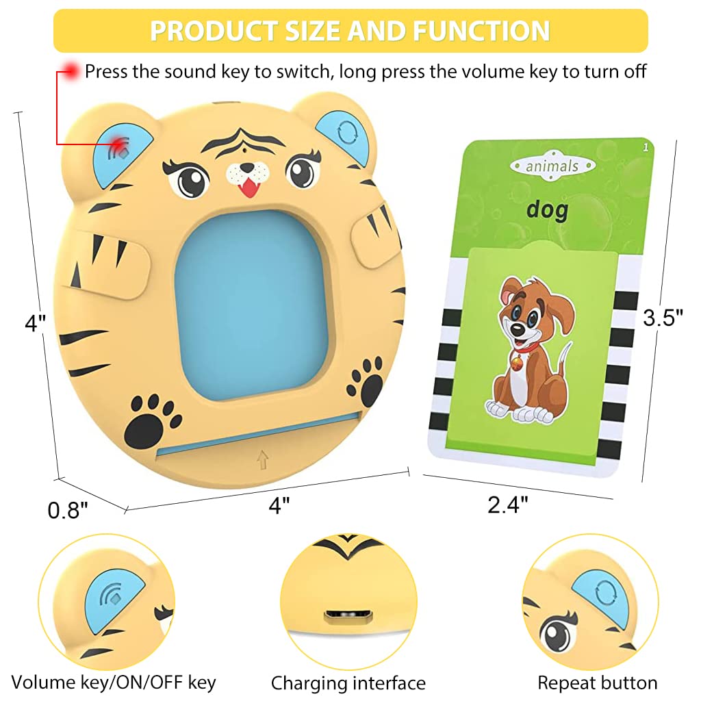 PATPAT Talking Flash Cards Learning Toys, English Words Learning Machine for Kids, Tiger Reading Machine with 112 Sheet Flash Cards Gifts for Preschool Kids Boys Girls Toddlers Age 3 4 5 6 7 8