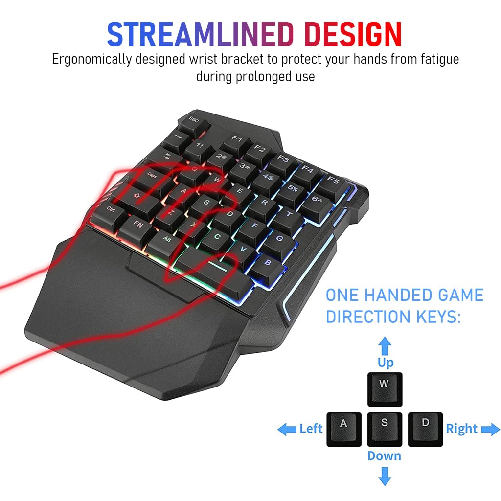 Verilux® 4 in 1 One Hand Gaming Keyboard and Mouse Combo, 35 Keys Wired RGB LED Backlit One Hand Keyboard, USB Wired Gaming Mouse, Converter Adapter for PUBG/Laptop PC Game and Work