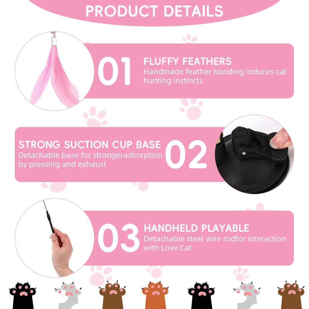 Qpets Cat Toys for Indoor Play with Suction Cup Base and Fiberglass Teaser Wand | Pink Feather Attachment