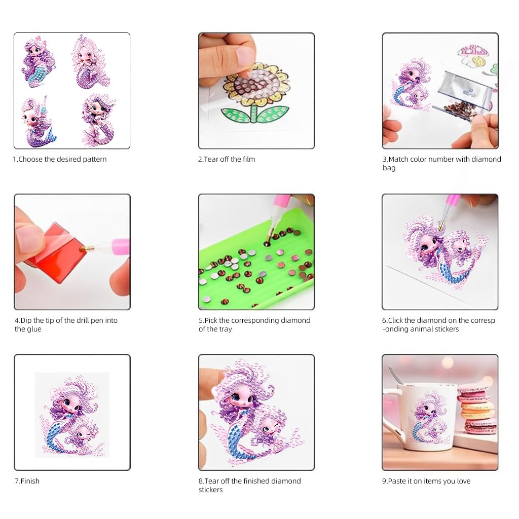 PATPAT Kawaii Diamond Art Stickers for DIY Crafts with 12 Mermaid Designs | Self‑Adhesive Gem Kit