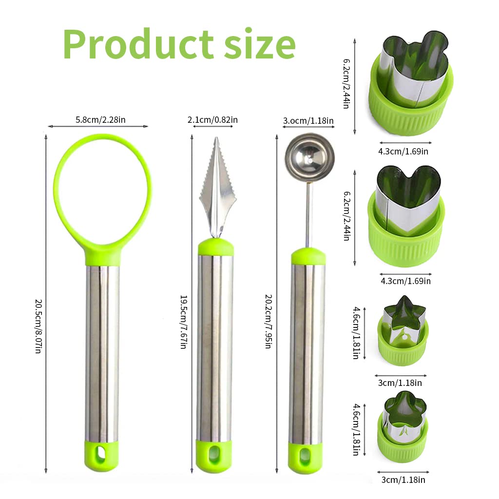 HASTHIP® 7Pcs Fruit Cutter - Vegetable Cutter Shaper Mold Set with Carving Tools, Fruit Platter Ice Cream Scoop Spoon, Fruit Seed Remover Ring and 4 Creative Moulds for Fruit, Vegetable, Cookies