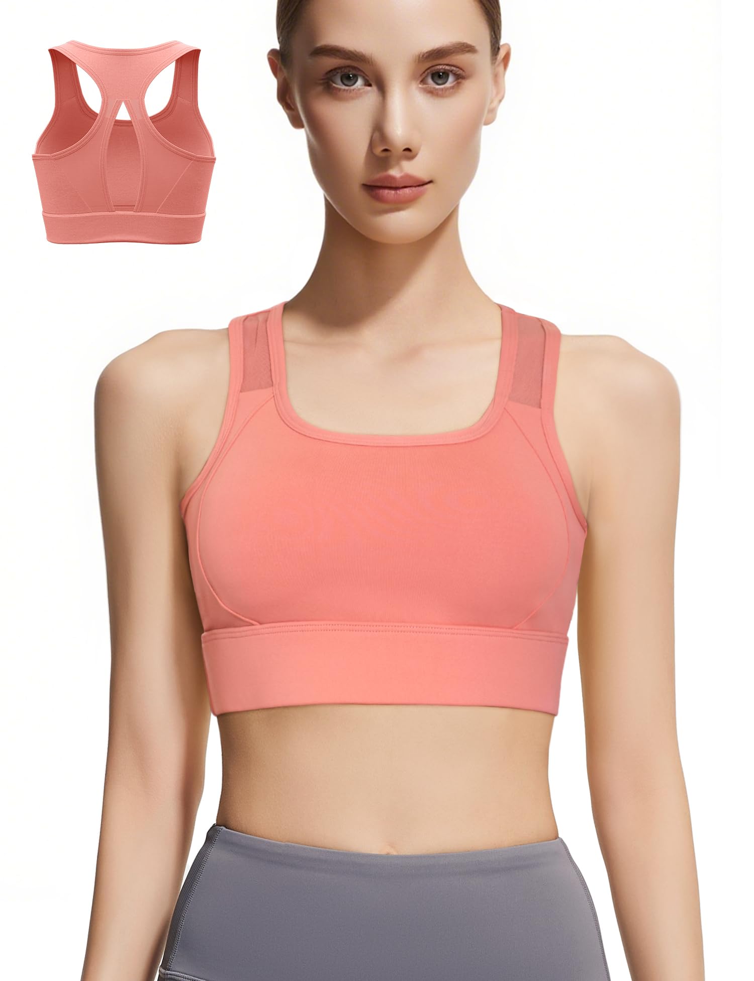 Venzina Yoga Sports Bra for Women with Breathable Mesh and Removable Pads | Coral Pink XL