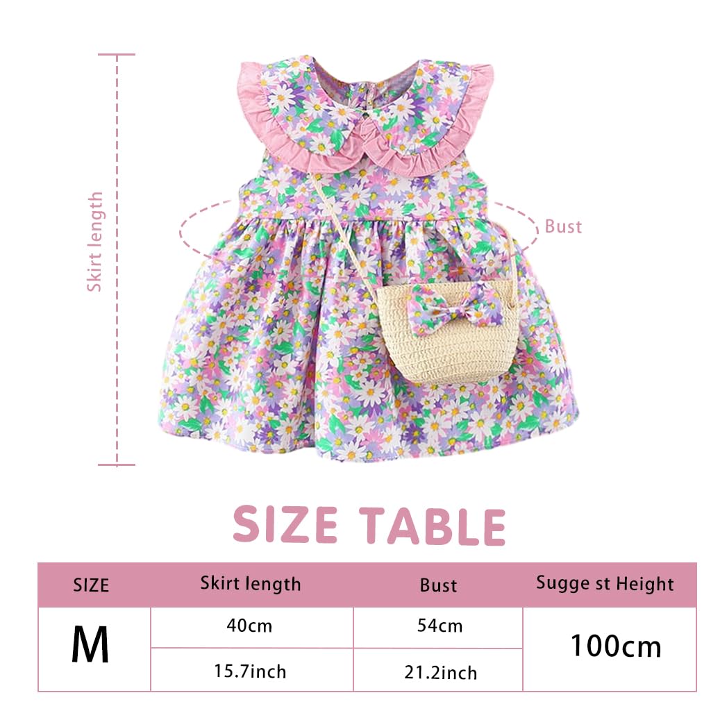 Zibuyu Floral Baby Girl Dress for Summer with Straw Sling Bag and Soft Cotton Fabric | Pink Daisy Print Birthday Outfit 90–100 cm