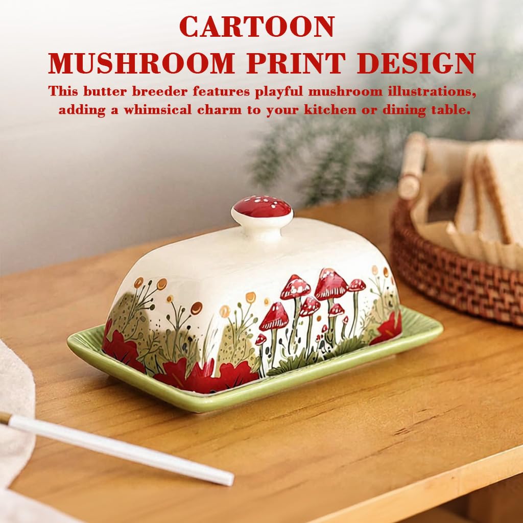 Supvox Ceramic Butter Saver Dish for Storage with Lid and Cartoon Mushroom Print 5.5x2.2 in