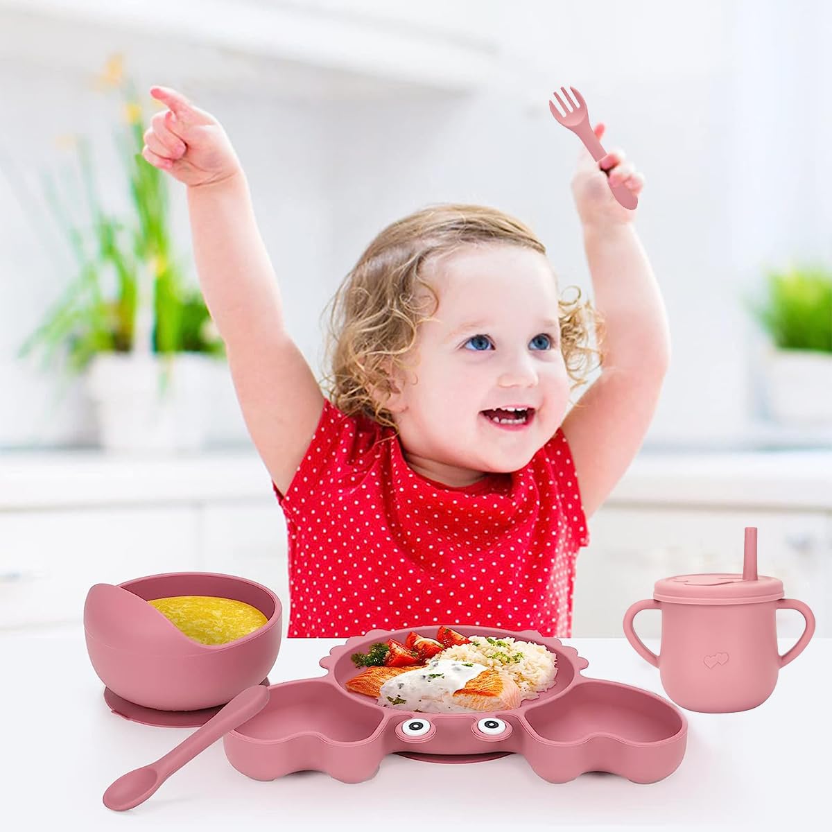 SNOWIE SOFT® 6pcs Silicone Tableware Kit for Baby, Foodgrade Silicone Tableware Kit with Suction Plate & Bowl, Cup with Straw, Spoon Fork and Bib, BPA-Free Dishwasher & Microwave Safe Baby Product