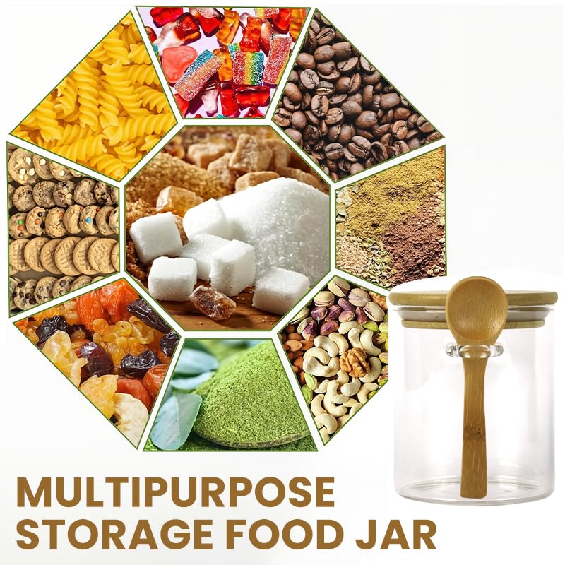 Supvox Glass Spice Jars for Kitchen Storage with Airtight Wooden Lids & Spoons 450ml Pack of 3