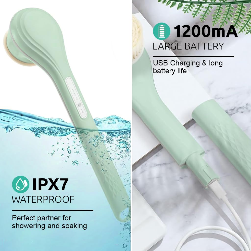 HANNEA Electric Bath Brush with 6 Brush Heads and 3 Modes featuring 14.5 in Length | IPX7 Waterproof USB Rechargeable Design