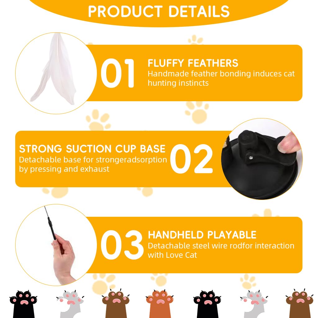 Qpets Cat Teaser Wand for Interactive Play with Suction Cup Base and Fiberglass Rod | Replaceable Feather Toy