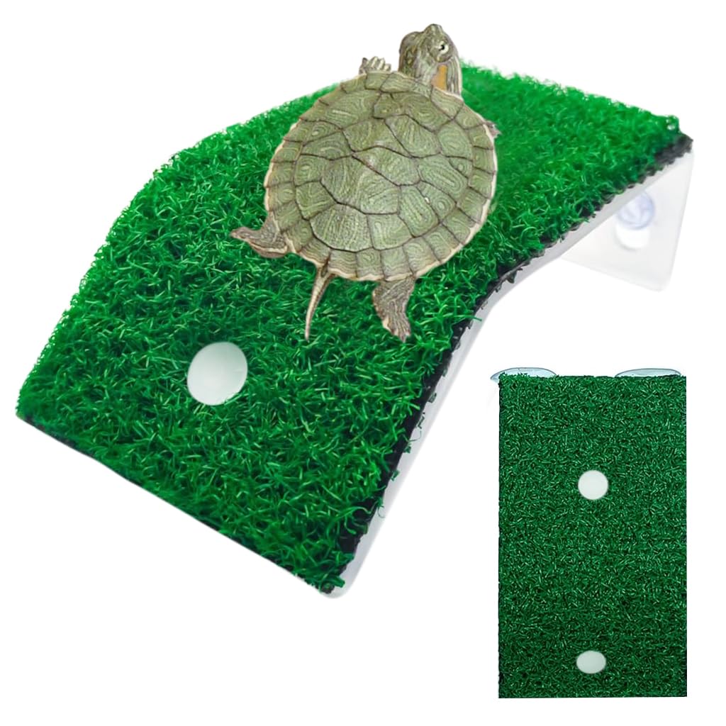 Qpets® Wall Mounted Turtle Basking Platform for Turtle Aquatic Tank Terrestrial Tank Basking Platform with Turf Basking Platform with Suction Cup Basking Platform for Aquatic Turtles