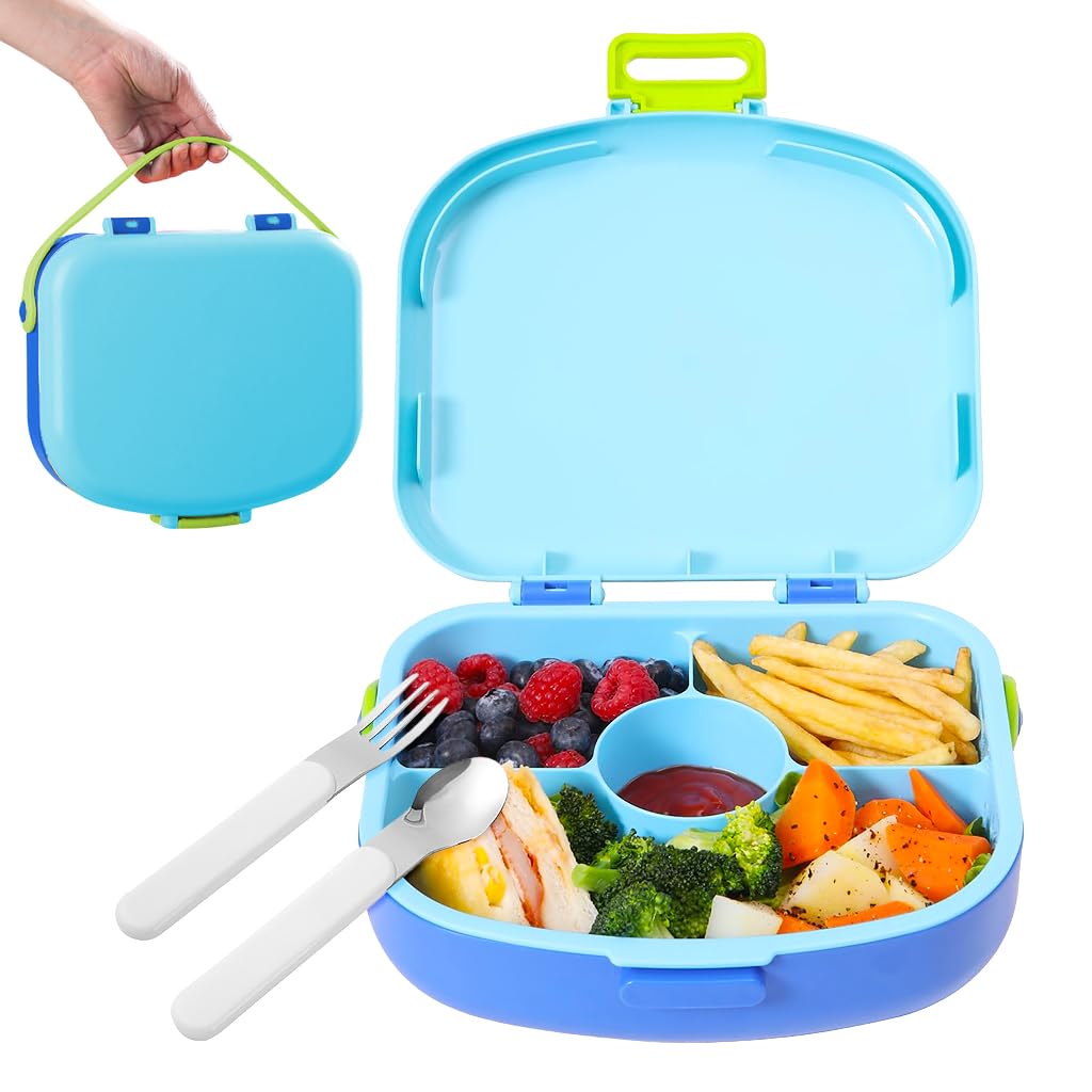 Supvox® 1.3L Kids Lunch Box with Handle 4-Compartment Bento Box with Fork & Spoon Water Steam Heating Lunch Box Leakingproof Portable School Lunch Box Food Grade PP Heat Resistant Lunch Box