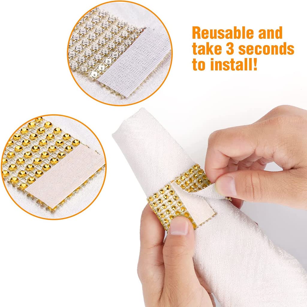 HASTHIP Napkin Rings for Weddings and Dinners featuring Velcro Design 10Pcs Gold | Rhinestone Table Decoration Set