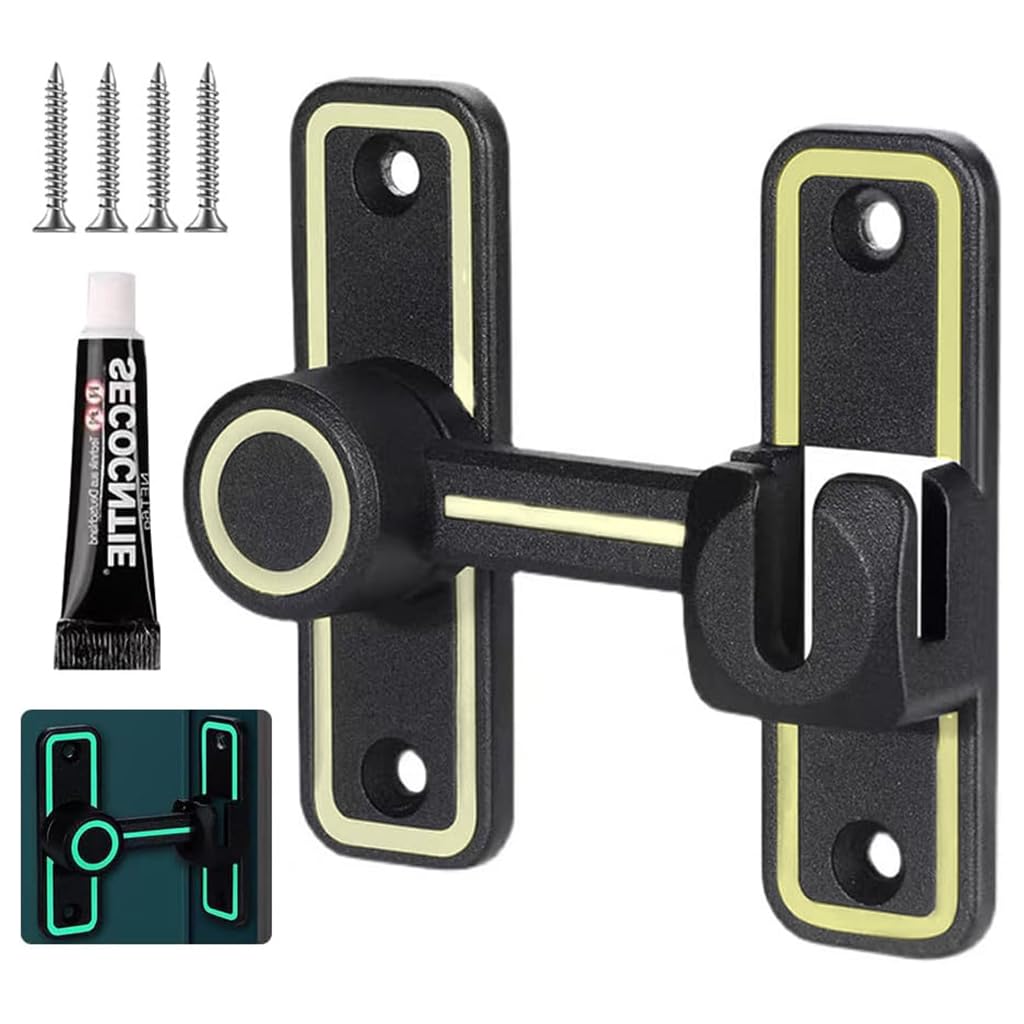 HASTHIP® Door Lock Sliding Door Lock, 90°/180° Heavy Duty Barn Door Lock Hardware with Night Glow Design, Barn Sliding Door Latch Lock Suitable for Garden, Bathroom, Outdoor, Garage, Window (Black)