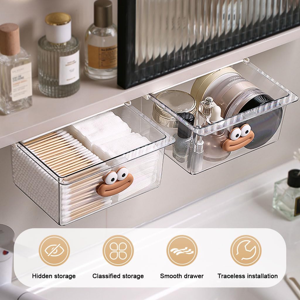 HASTHIP Under Desk Drawer Organizer for Bathroom and Office with No Drill Adhesive | Transparent 3.14 x 4.7 x 3.14 in Pull Out Storage Box