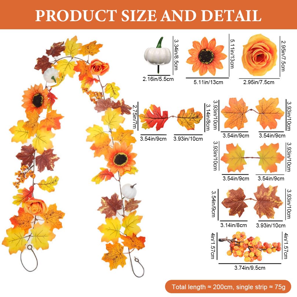 HASTHIP Autumn Maple Leaf Pumpkin Garland for Home Decor with Berries 2M 6.5FT | Fall Thanksgiving and Halloween Decoration