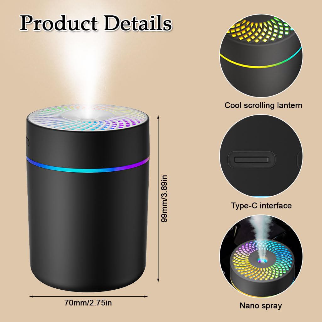 STHIRA Car Humidifier Diffuser for Home Office and Travel with Dual Mist Modes and Colorful LED Lights | 190ml USB Powered Essential Oil Mist Maker