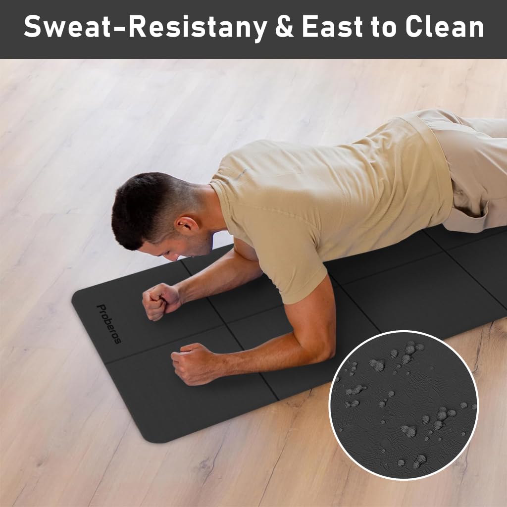Proberos Folding Yoga Mat for Home Workouts with 5mm Cushioning and TPE Anti-Slip Surface | 72x24 Inches Black