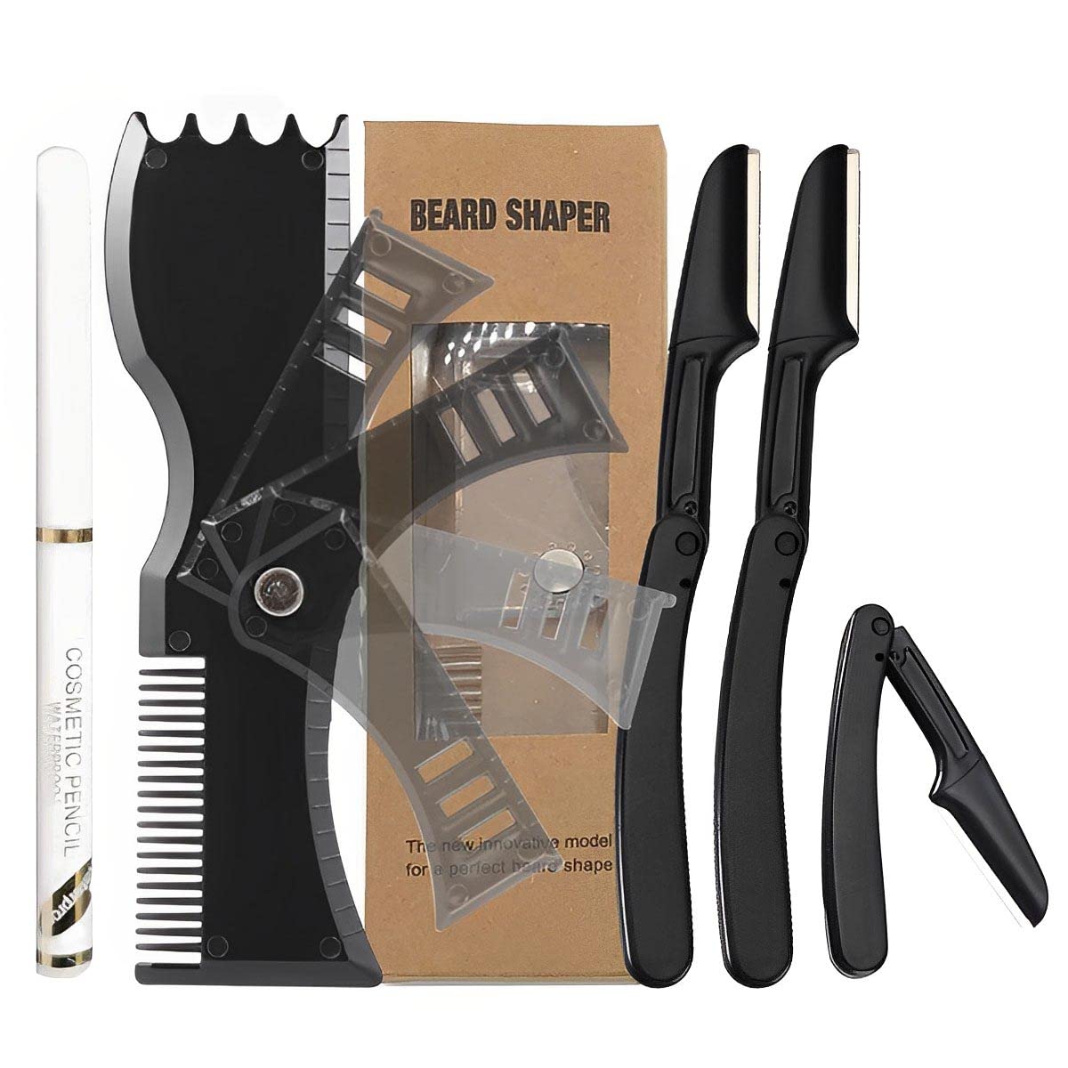 HASTHIP® Beard Shaper Kit | Complete Shaping & Styling Tools Set with Adjustable Template, Razors, Barber Pencil - Many Styles Beard Stencil Guide Template Outliner for Men, Husband Gift