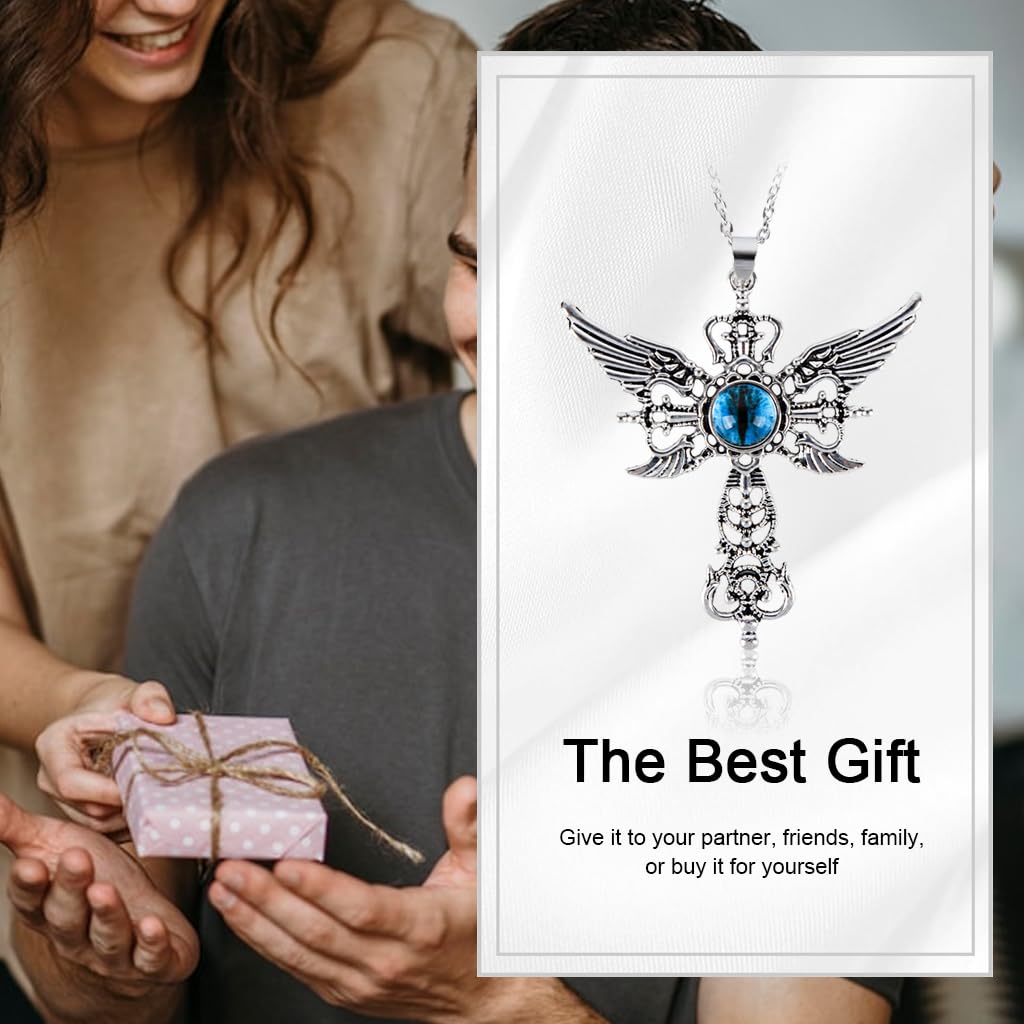 GUSTAVE Necklace for Men with Gothic Cross Pendant and Blue Evil Eye Stone | Silver-Tone Alloy