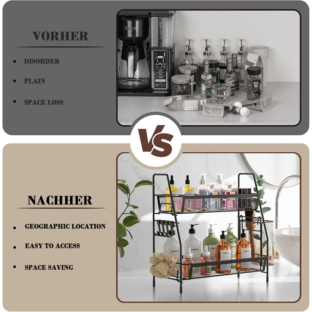 HASTHIP Desk Organizer Rack for Office and Kitchen Use with Double Layer Storage 35.5x20x33 cm | Metal Mesh Design and Side Hanging Case