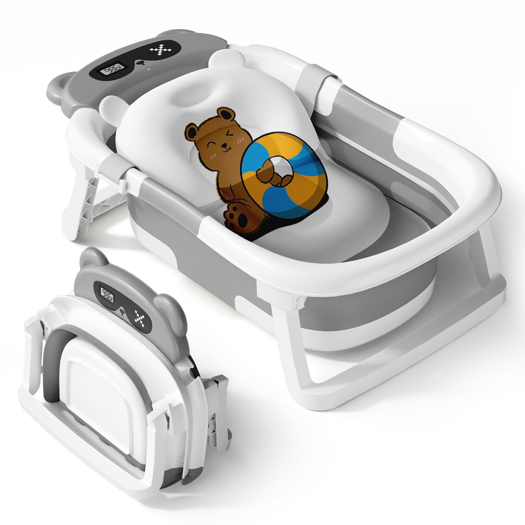 SNOWIE SOFT Baby Bathtub for Newborns with 60.5x43x20.5cm Size and Digital Temp Display | Folding Grey Bath Tub