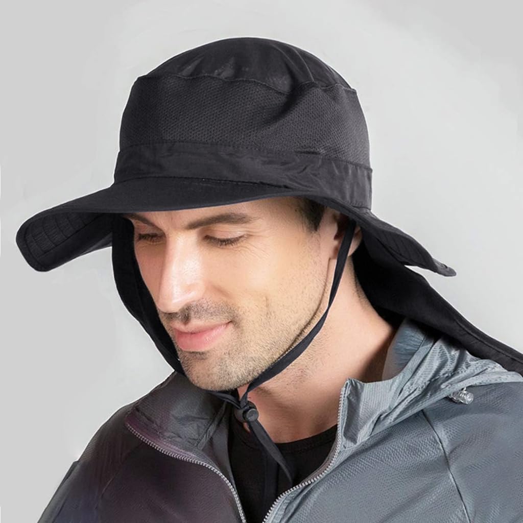 GUSTAVE Hat Cap for Men with 7 in Wide Brim and Detachable Neck Flap | UV Sun Protection for Hiking